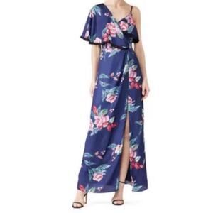 HARLYN Women's Navy Floral Multi Printed One Shoulder Maxi Dress Size Medium
